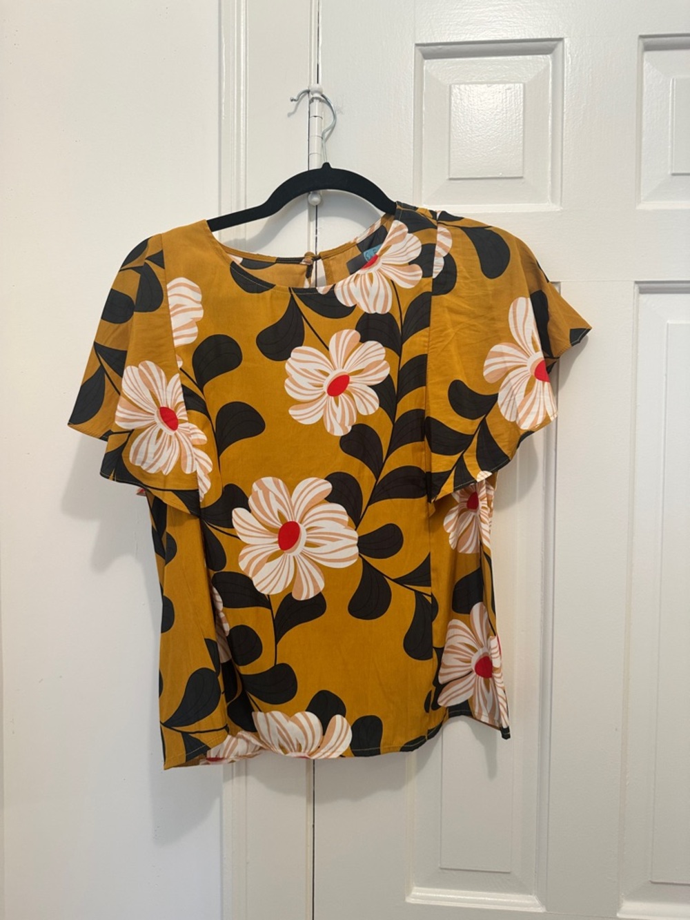 Anthropologie Eva Franco Golden Floral Blouse with Flutter Sleeves